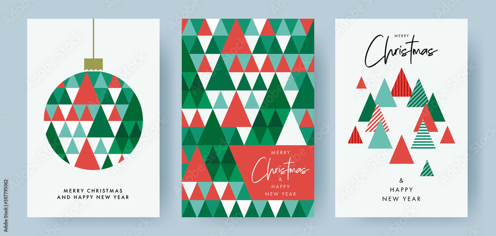 Merry Christmas and Happy New Year Set of greeting cards, posters, holiday covers. Modern Xmas design with triangle firs pattern in green, red, white colors. Christmas tree, ball, decoration elements