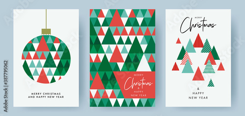 Merry Christmas and Happy New Year Set of greeting cards, posters, holiday covers. Modern Xmas design with triangle firs pattern in green, red, white colors. Christmas tree, ball, decoration elements