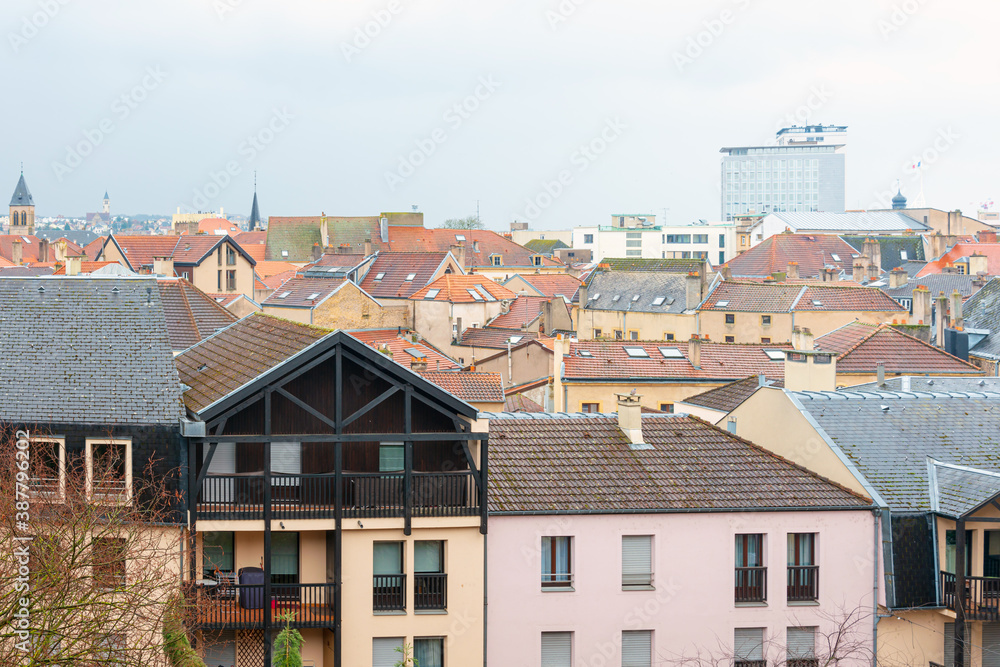 Metz, FRANCE - April 1, 2018: Antique building view in Old Town Metz, France Metz, FRANCE - April 1, 2018: Antique building view in Old Town Metz, France