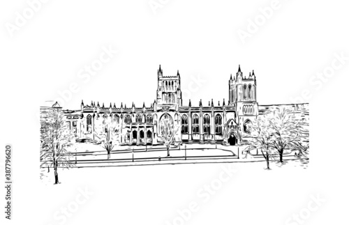 Building view with landmark of Bristol is a city straddling the River Avon in the southwest of England. Hand drawn sketch illustration in vector.
