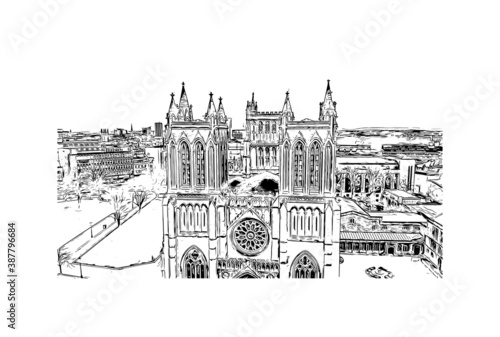 Building view with landmark of Bristol is a city straddling the River Avon in the southwest of England. Hand drawn sketch illustration in vector.