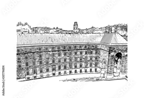 Building view with landmark of Bristol is a city straddling the River Avon in the southwest of England. Hand drawn sketch illustration in vector.