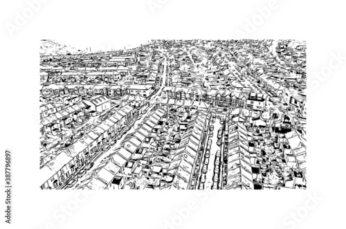 Building view with landmark of Bristol is a city straddling the River Avon in the southwest of England. Hand drawn sketch illustration in vector.