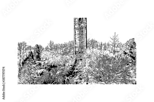 Building view with landmark of Bristol is a city straddling the River Avon in the southwest of England. Hand drawn sketch illustration in vector.
