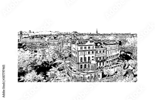 Building view with landmark of Bristol is a city straddling the River Avon in the southwest of England. Hand drawn sketch illustration in vector.