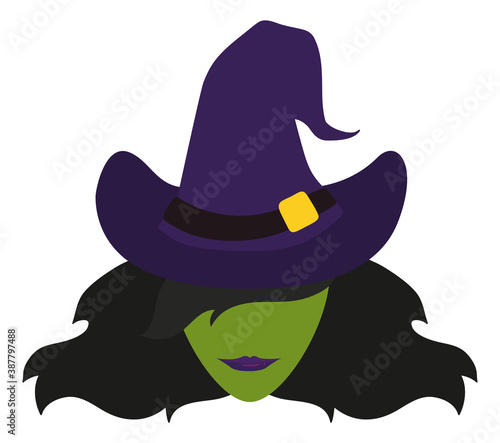 Witch with Long Hair, Sexy Lips and Pointy Hat, Vector Illustration