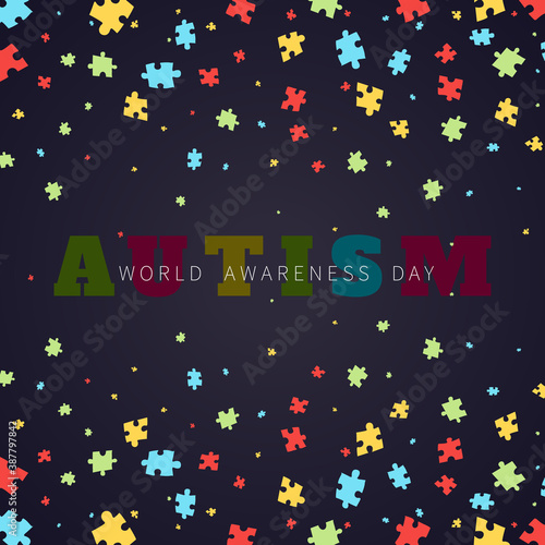 Autism awareness poster with falling puzzle pieces on black background. Solidarity and support symbol. Medical concept. Vector illustration.