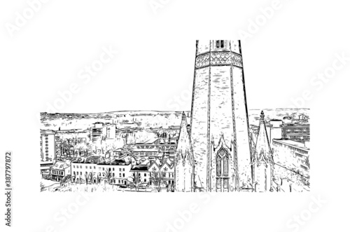Building view with landmark of Bristol is a city straddling the River Avon in the southwest of England. Hand drawn sketch illustration in vector.