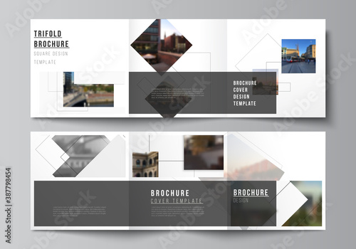 Vector layout of square format covers design templates with geometric simple shapes, lines and photo place for trifold brochure, flyer, magazine, cover design, book, brochure cover.