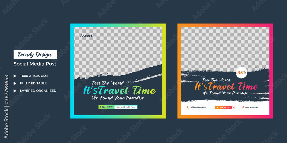 travel agency social media post template. Web banner, flyer or poster for travelling agency business offer promotion. Holiday and tour advertisement banner design. - obrazy, fototapety, plakaty 