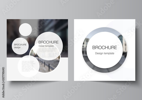 Vector layout of two square format covers templates for brochure, flyer, magazine, cover design, book design, brochure cover. Background template with rounds, circles for IT, technology. Minimal style
