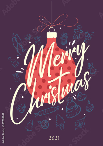 Christmas and new year greeting cards. Christmas ball and painted elements in the background. Vector illustration. 