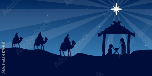 Wise men Mary and Joseph in Bethlehem, vector art illustration.
