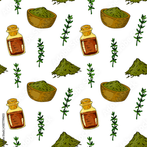 Hand drawn homeopathic and alternative medicine seamless pattern with dried herbs and mixture bottle. Vector illustration in sketch stile.