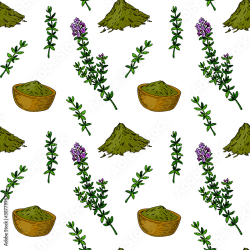 Hand drawn homeopathic and alternative medicine seamless pattern with dried herbs. Vector illustration in sketch stile.