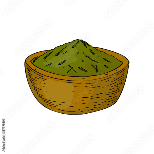 Vector illustration of dried herbs in bowl isolated on white. Hand drawn homeopathic and alternative medicine design element. Vector illustration in sketch stile