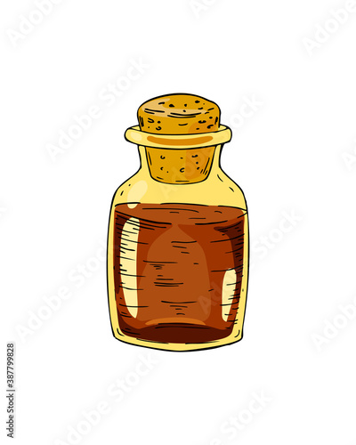 Vector illustration of mixture bottle isolated on white. Hand drawn homeopathic and alternative medicine design element. Vector illustration in sketch stile