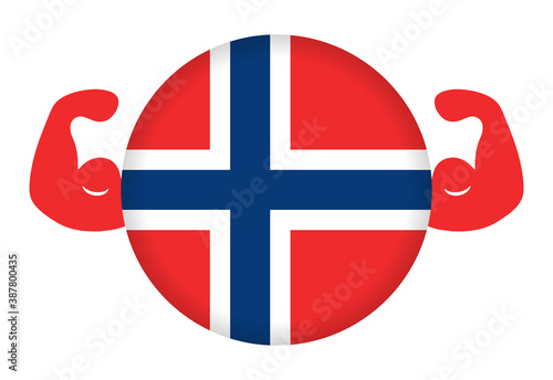 強いノルウェーのイメージイラスト（円形のノルウェー国旗と力こぶ）
