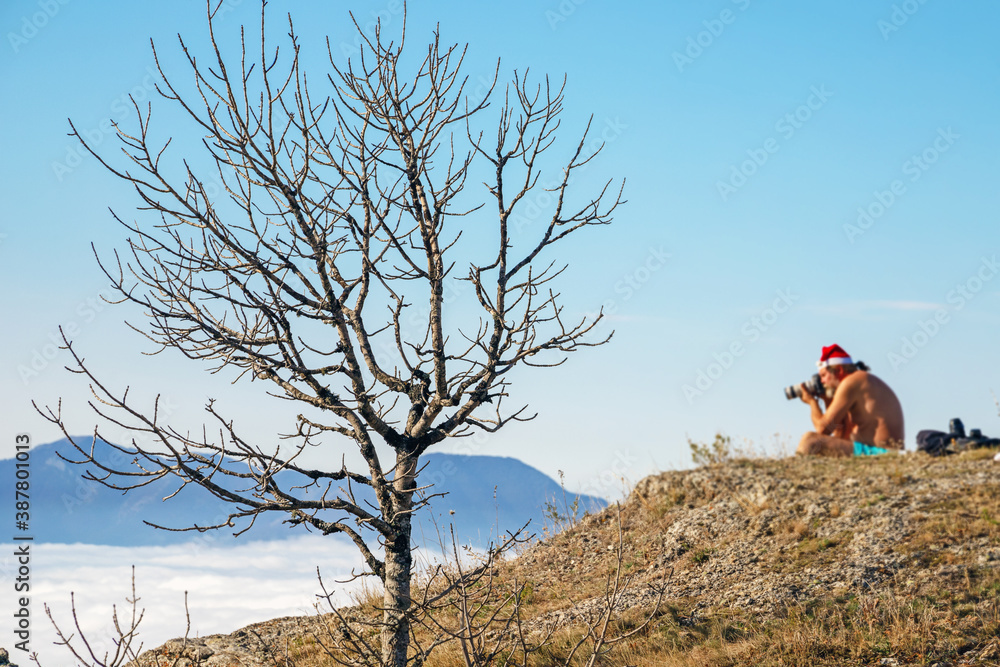Obraz premium dried-up tree on rocky mountain area and photographer behind it