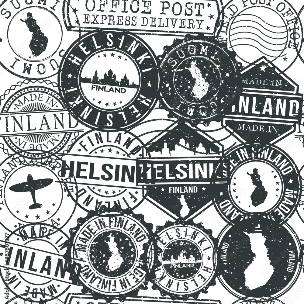 Fototapeta premium Helsinki Finland Stamps Background. City Stamp Vector Art. Postal Passport Travel. Design Set Pattern.