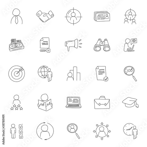 job search hand drawn linear doodles isolated on white background. job search icon set for web and ui design, mobile apps and print products