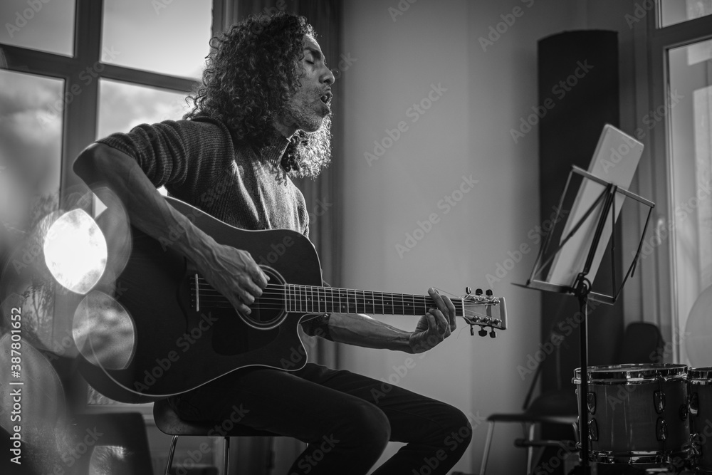 Naklejka premium Professional Singer Perform Composition at Studio .