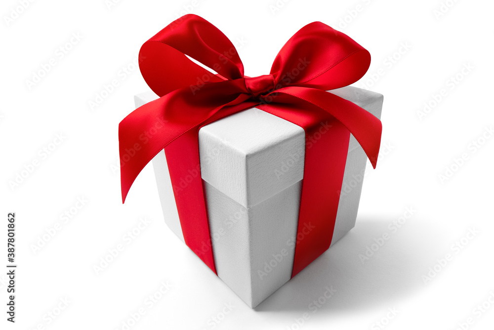 Fototapeta premium White gift box with red ribbon bow