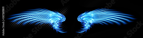 Abstract neon glowing blue angel wings. Isolated, strewn with sparks on dark, black background. Happy Valentines day, attributes. Vector illustration