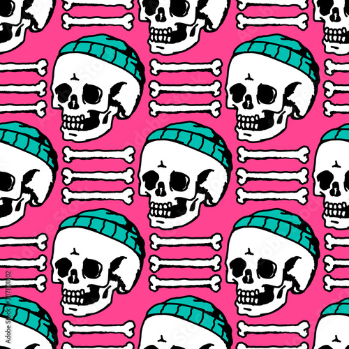 Seamless pattern of bones and skull in cute hat (ID: 387801802)