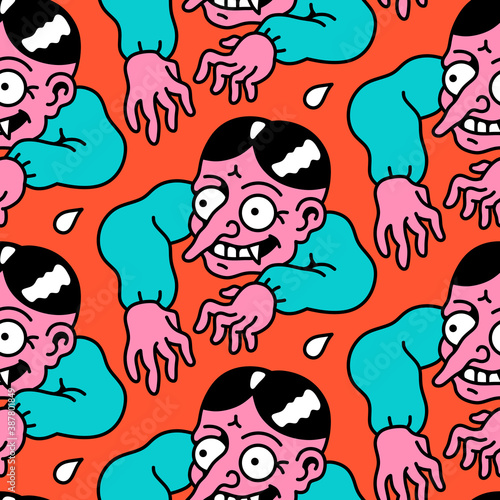 Seamless pattern of creepy, smiling monsters