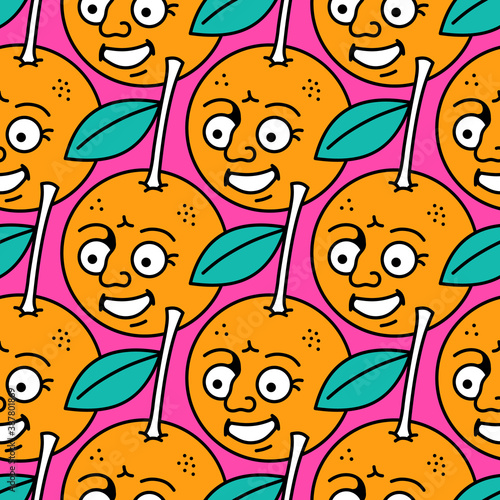 Seamless pattern of cute smiling fruits, oranges (ID: 387801869)
