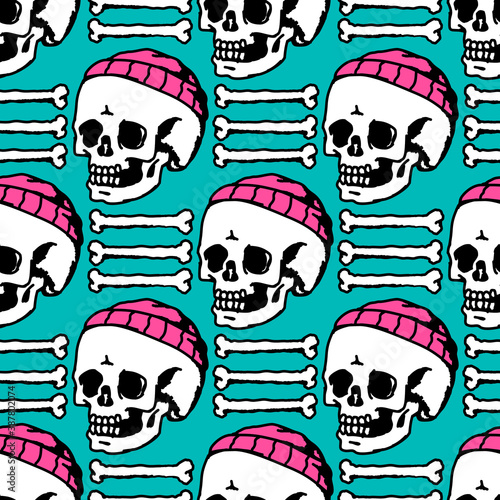 Seamless pattern of spooky skulls in cute pink hats (ID: 387802074)