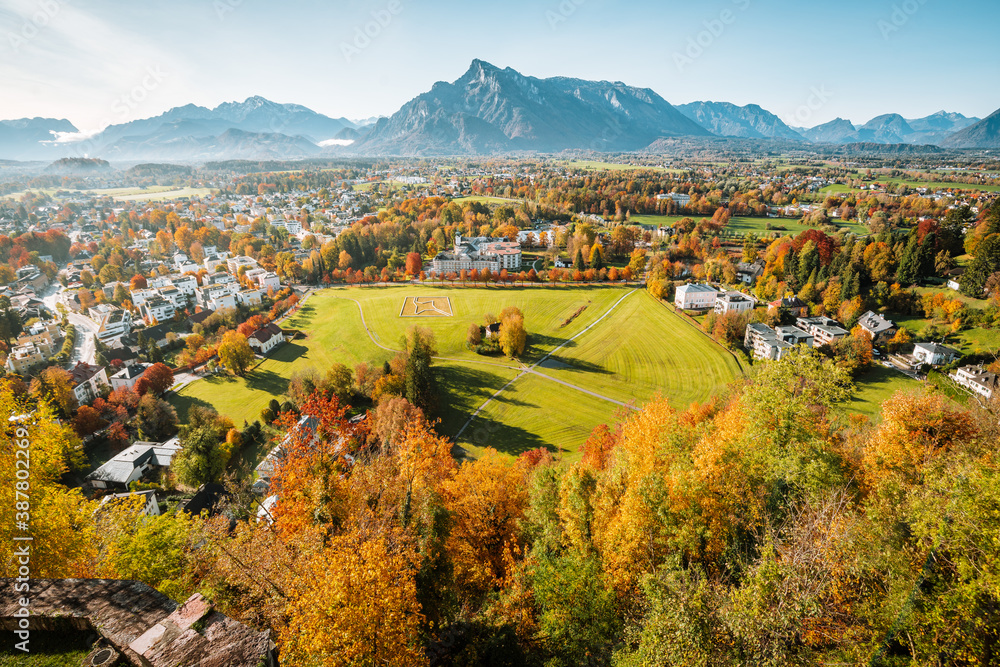 Fototapeta premium Aerial panorama view of Salzburg seen from Hohensalzburg Fortress in fall, Salzburger Land, Austria