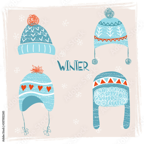 Cute vector set of winter hats in Scandinavian style. Collection of 4 items of outerwear. Hand drawing, brush drawing.