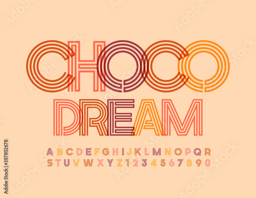 Vector creative banner Choco Dream. Maze style Font. Bright abstract Alphabet letters and Numbers set