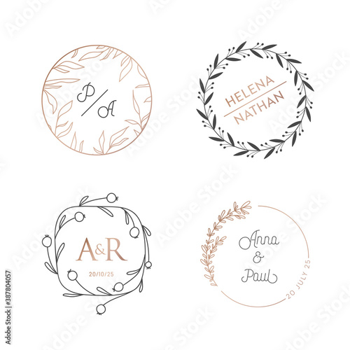 Wedding wreaths, circle laurels logos. Vintage monogram vector collection. Modern frame, minimalistic
