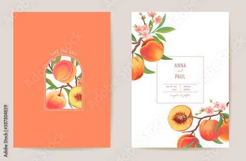Wedding peach floral vector card, exotic fruits, flowers, leaves invitation. Watercolor template frame