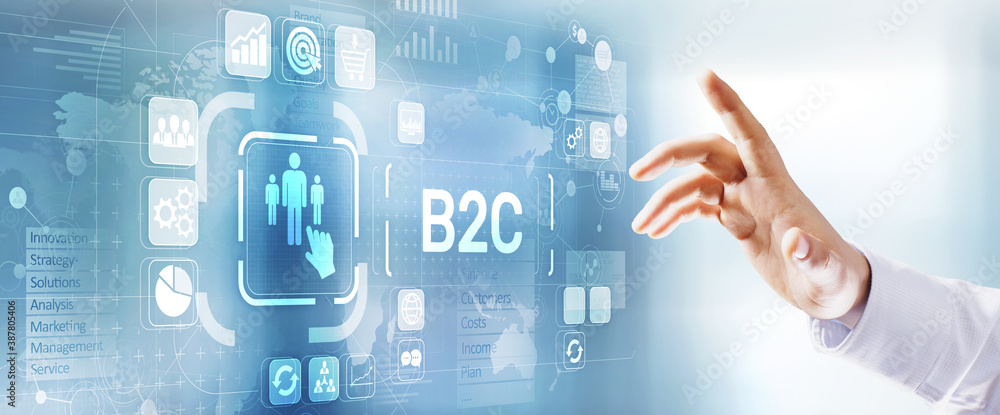 B2C Business to customer marketing strategy businessman pressing button on virtual screen. - obrazy, fototapety, plakaty 