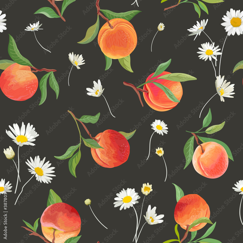 Peach pattern with daisy, tropic fruits, leaves, flowers background. seamless texture illustration in watercolor style