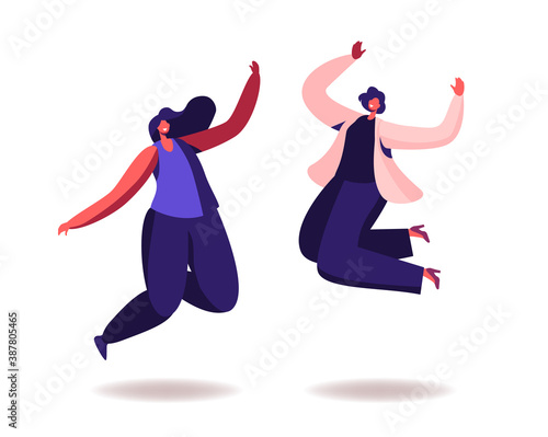 Happy Women Jumping on White Background. Young Joyful Female Characters Jump or Dancing with Raised Hands, Happiness