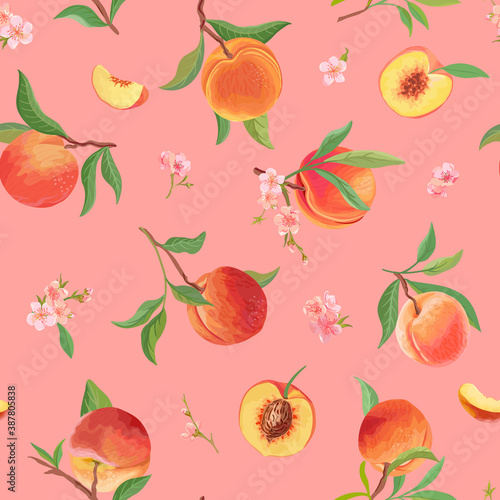 Watercolor peach texture, tropic fruits, leaves, flowers pattern. seamless background illustration