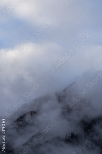 Nebliger Herbst, Dichter Nebel im Wald, Herbstwetter in den Alpen