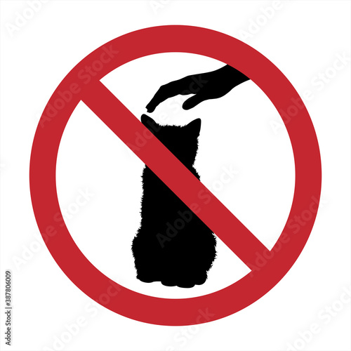 Vector silhouette of do not touch cat mark on white background. Symbol of prohibition with animal.