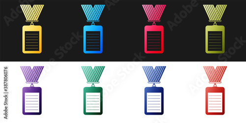 Set Identification badge icon isolated on black and white background. Identification card. It can be used for presentation, identity of the company. Vector.