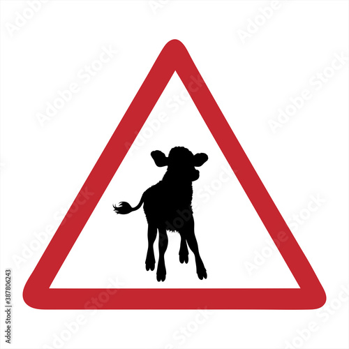 Vector silhouette of attention mark with calf on white background. Symbol of farm animals.