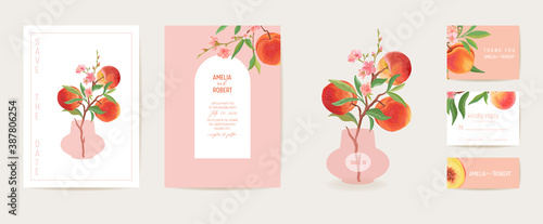 Peach invitation vector card. Wedding vintage botanical Save the Date set. Design template of fruits
