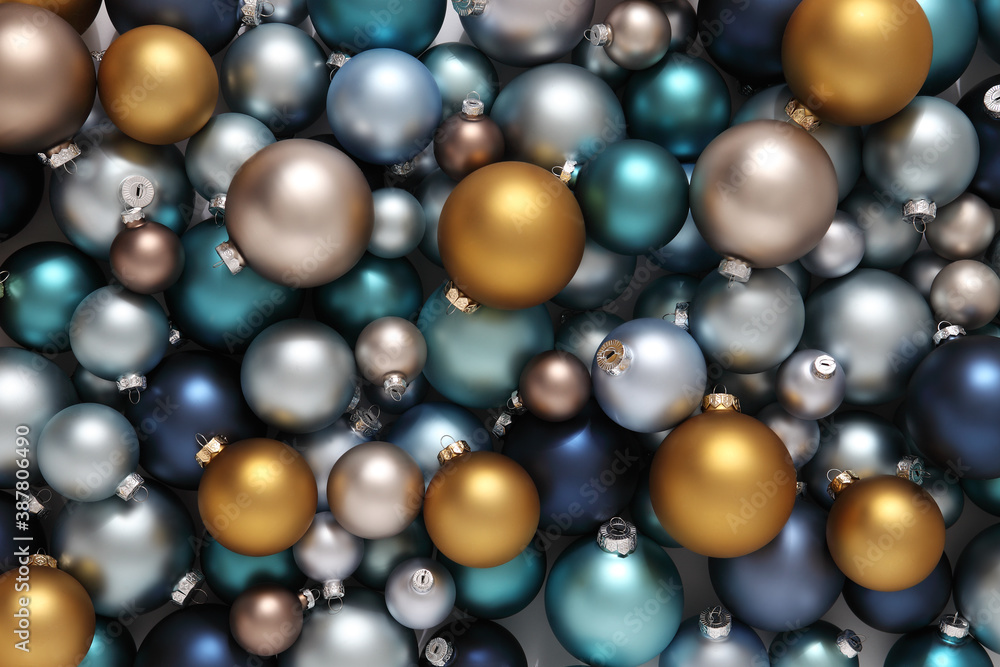 Christmas decorations, pile of glass colored balls, useful as a greeting gift card background 