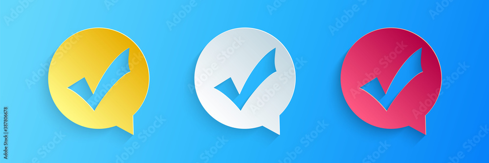 Paper cut Check mark in circle icon isolated on blue background. Choice button sign. Checkmark symbol. Speech bubble icon. Paper art style. Vector. Paper cut Check mark in circle icon isolated on blue background. Choice button sign. Checkmark symbol. Speech bubble icon. Paper art style. Vector.