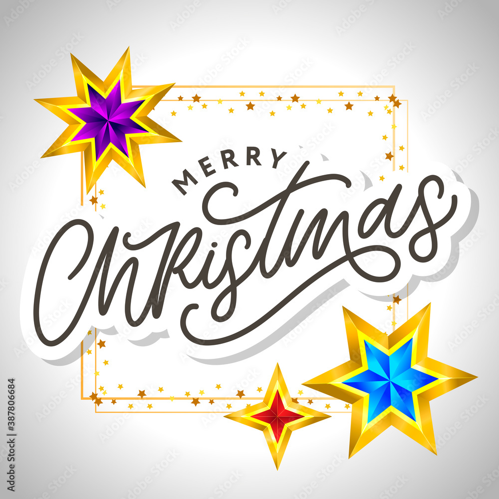 Merry Christmas card with hand drawn lettering and stars on dark background. Cute Holiday golden frame background Merry Christmas card with hand drawn lettering and stars on dark background. Cute Holiday golden frame background