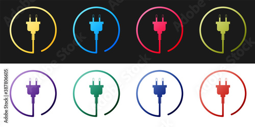 Set Electric plug icon isolated on black and white background. Concept of connection and disconnection of the electricity. Vector.